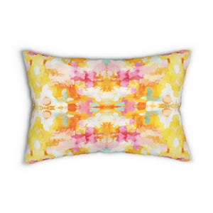 Mirrored art Lumbar Throw Pillow watercolor lumbar pillow orange yellow pink home decor kaleidoscope dorm bedroom abstract pastel college