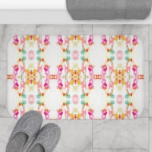Mirrored art bath mat watercolor orange pink yellow bath mats pastel bathroom decor  rug modern college decor dorm kaleidoscope mirror