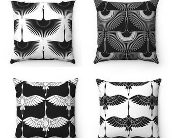 Japanese throw pillow cover crane pillow cover oriental home decor bird bedroom decor black and white accent pillow minimal pillow cover