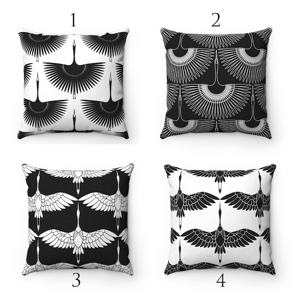Japanese throw pillow cover crane pillow cover oriental home decor bird bedroom decor black and white accent pillow minimal pillow cover