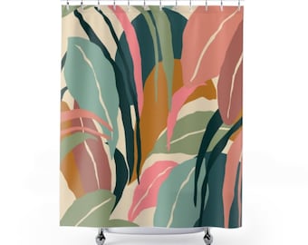 Green Shower Curtain abstract pattern bathroom decor modern shower curtains pink green boho bohemian kids jungle botanical artistic art