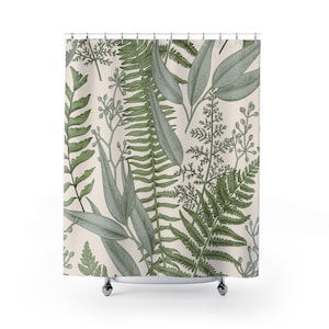 Botanical Shower Curtain woodland bathroom decor vintage shower curtains greenery bath decor botanical green cream fern leaves home decor