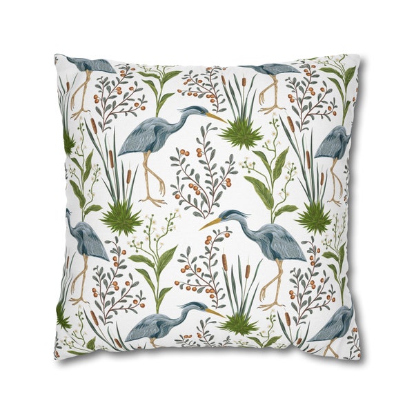 Blue heron bird throw pillow cover botanical pillow case retro art home decor victorian bedroom decor botanical accent pillow moody