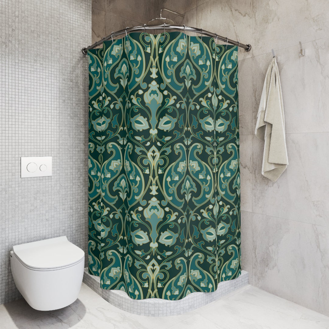 Art Deco Shower Curtain Vintage Bathroom Decor Emerald Green Shower Curtain Floral Pattern Art
