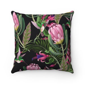 Protea throw pillow cover botanical pillow case decorative pillow cushion modern accent pillow hummingbird pink black floral tropical