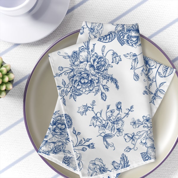 Floral Table Napkins blue roses dinner napkins set of 4 botanical kitchen decor floral table decoration fabrics napkins vintage decor