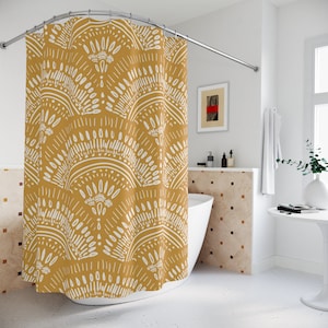 Boho Shower Curtain Mustard Yellow Bathroom Decor Boho Bathroom Mat Yellow Shower Curtain Hand drawn artistic pattern simple minimalistic