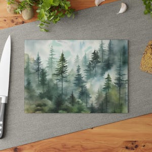 Woodland Glass Cutting Board watercolor pine trees kitchen decor green forest Charcuterie Board winter fall Tempered Glass Chopping Board