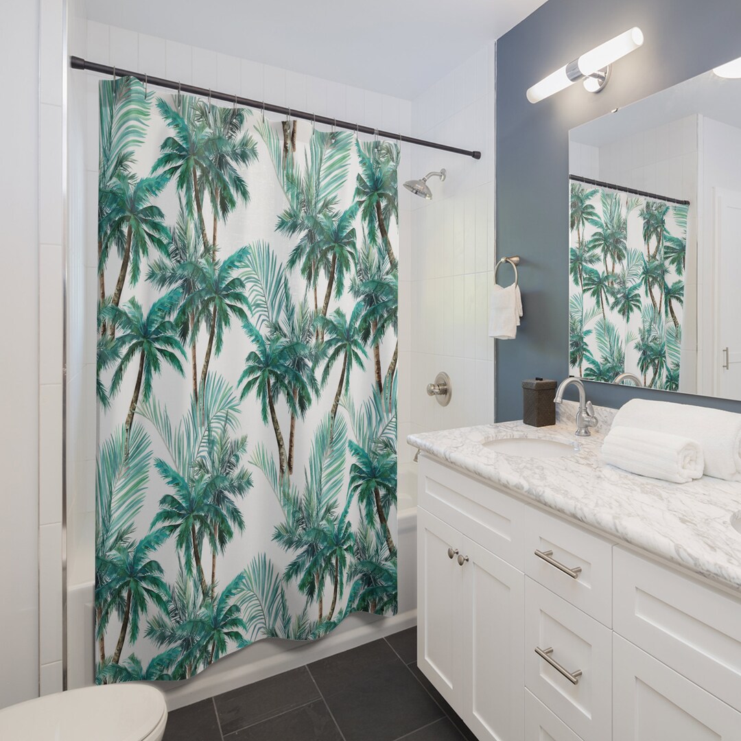 Jungle Shower Curtain Tropical Bathroom Decor Green Palm Trees Leaves