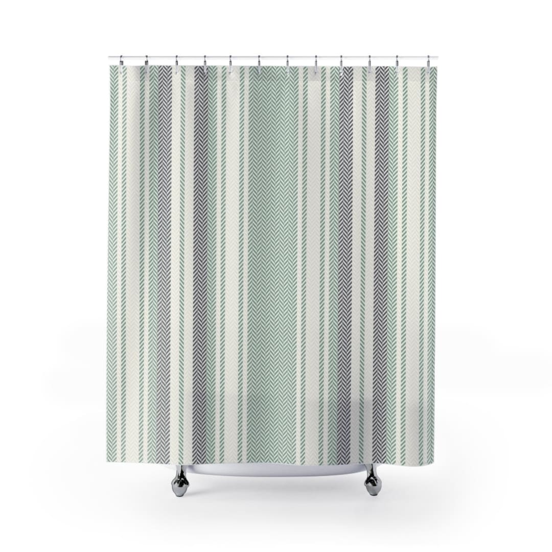 Sage Green Shower Curtain Herringbone Pattern Bathroom Decor Modern