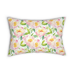 Floral Lumbar Throw Pillow botanical lumbar pillow yellow pink green home watercolor flowers bedroom decor dorm accent pillow spring summer