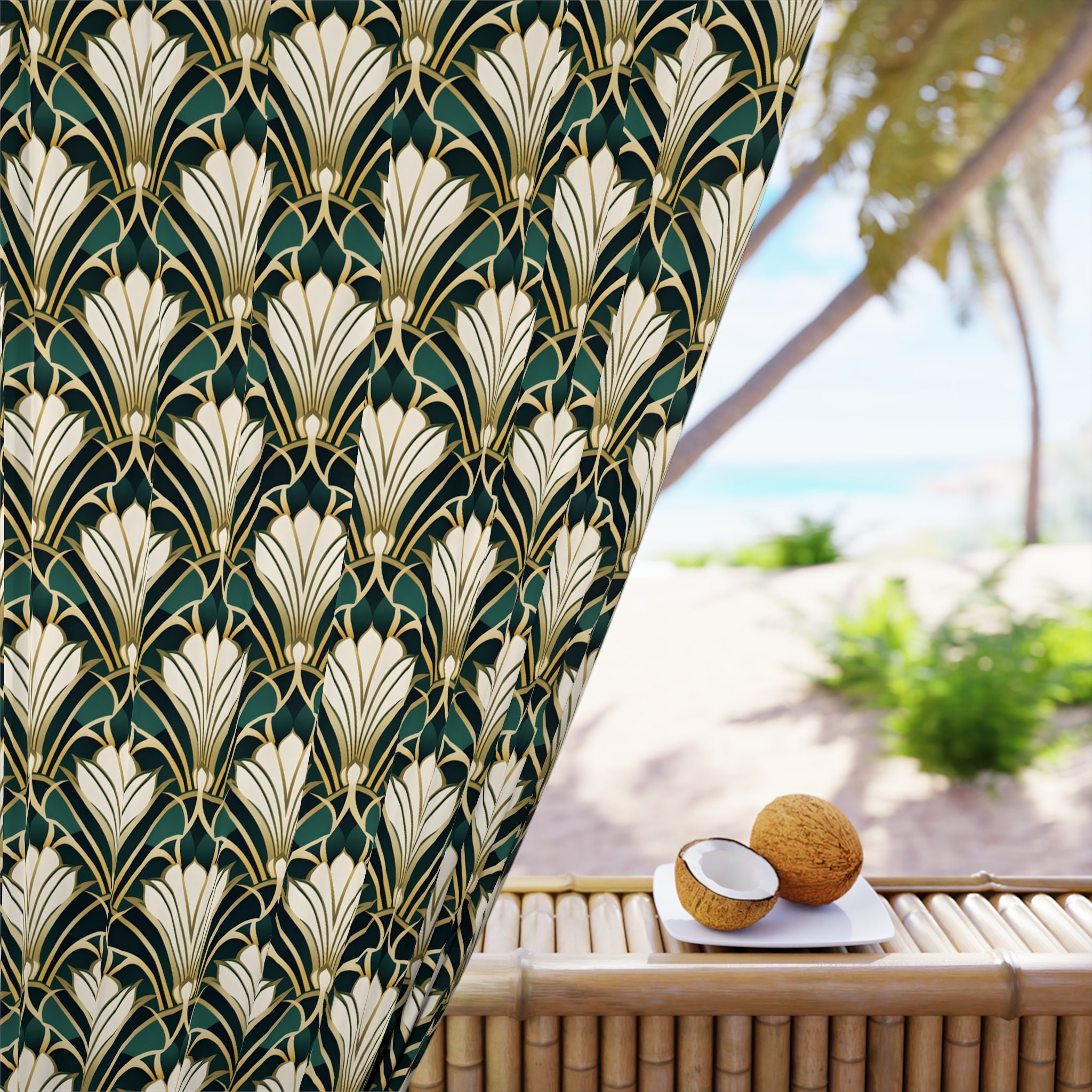 Art deco Window Curtains Vintage home decor green gold bedroom curtains art nouveau living room decor 1920s gatsby home decor