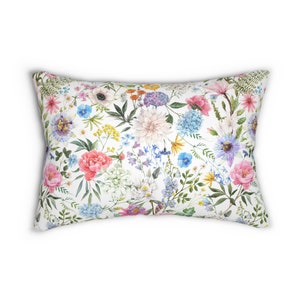 Botanical Lumbar Throw Pillow wild flowers lumbar watercolor farmhouse spring home decor blue yellow pink bedroom decor spring botany