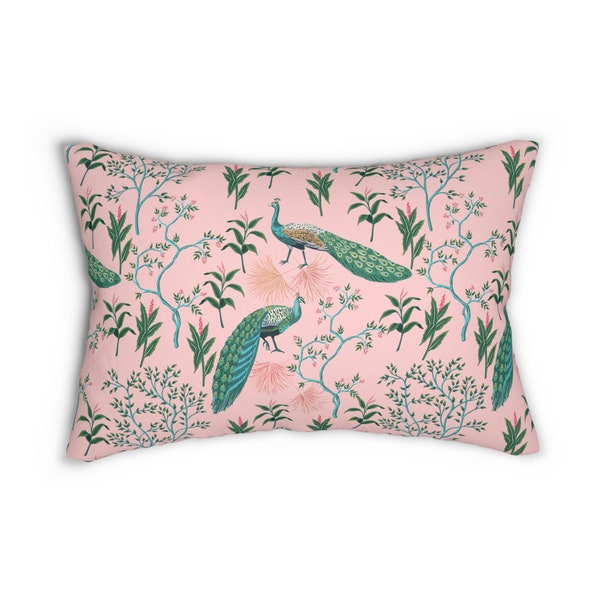 Chinoiserie Lumbar Throw Pillow vintage lumbar pillow pink green blue home decor peacock bird bedroom decor oriental accent pillow