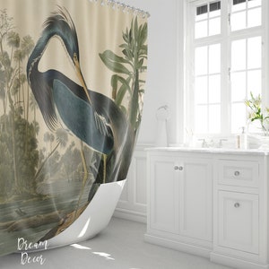 Heron Shower Curtain, Vintage Bathroom Decor, Bird Bathroom Mat, Art lover Shower Curtain Artistic Bathroom Decor Vintage Gift Idea