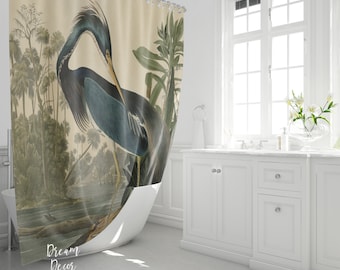Heron Shower Curtain, Vintage Bathroom Decor, Bird Bathroom Mat, Art lover Shower Curtain Artistic Bathroom Decor Vintage Gift Idea