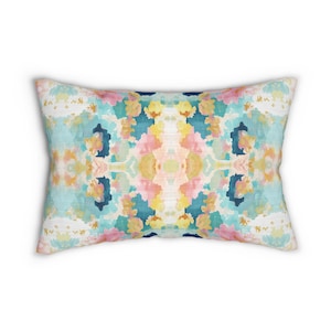 Abstract art Lumbar Throw Pillow watercolor lumbar pillow blue yellow pink home decor kaleidoscope dorm bedroom mirrored pastel college