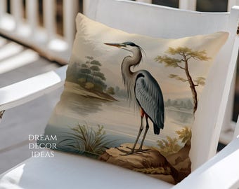 Blue heron OUTDOOR Pillows Vintage bird patio decor neutral coastal beach house pillows nature swimming pool accent weatherproof