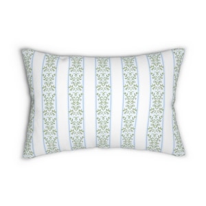 Grandmillennial Lumbar Throw Pillow greenery lumbar pillow floral home decor green blue white bedroom decor vintage regency stripes