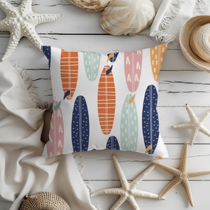 Colorful surfboard throw pillow cover pastel pillow case hawaiian home decor tropical bedroom decor beach house decor ocean seaside summer