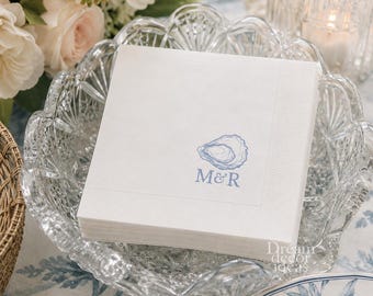 Initial Wedding Cocktail Napkins  Monogrammed Wedding paper Napkins White Coined Napkins Coastal beach oyster custom personalized vintage