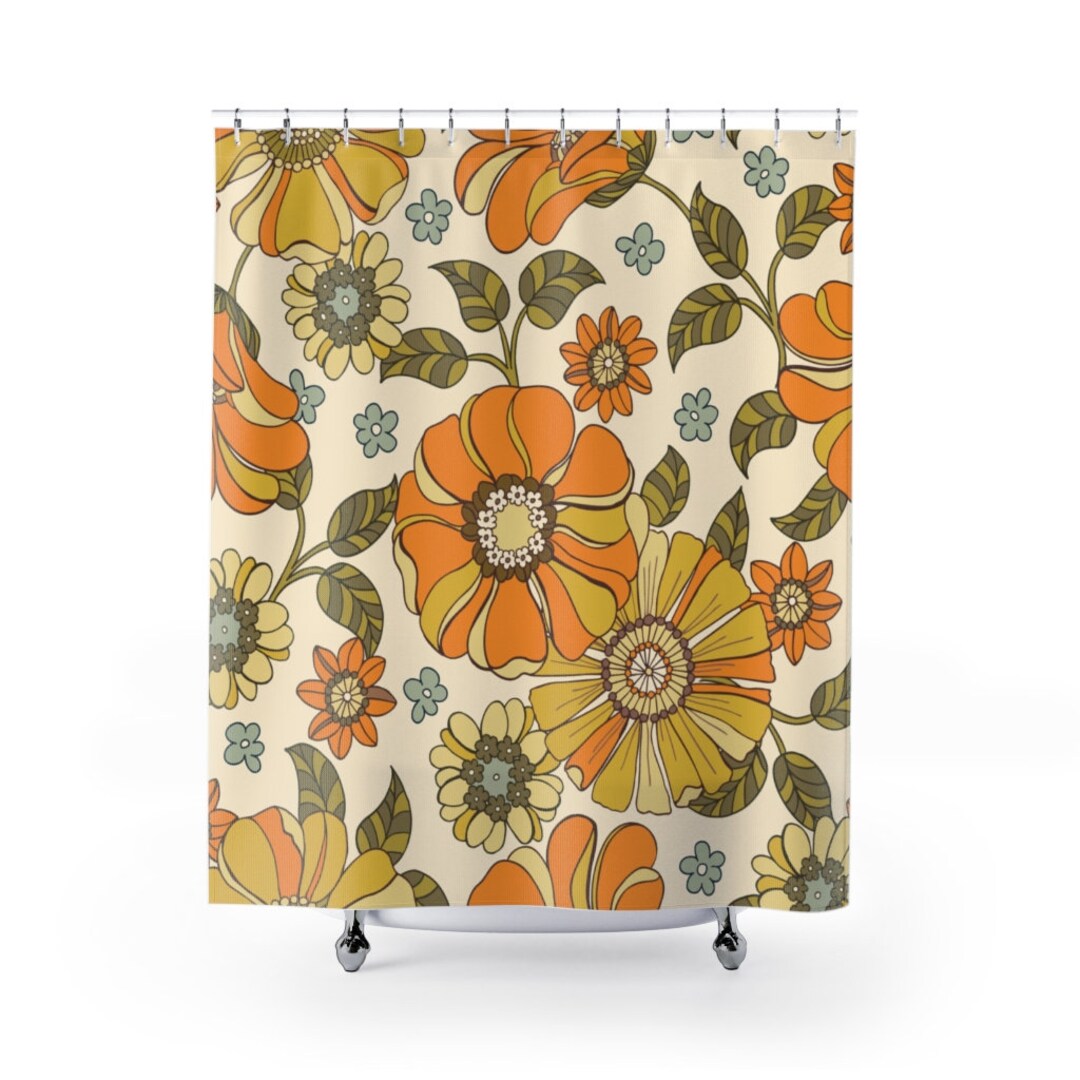 Retro Flowers Shower Curtain 70s 60s Retro Bathroom Decor Colorful