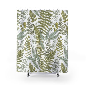 Botanical Shower Curtain woodland bathroom decor vintage shower curtains greenery bathroom decor botanical green fern leaves home decor