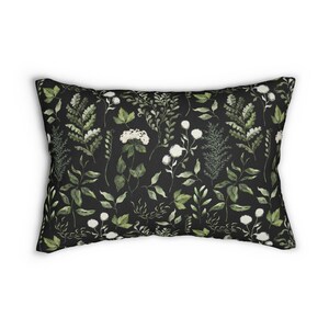 Botanical Lumbar Throw Pillow greenery lumbar pillow floral home decor black green leaves bedroom decor vintage forest wild flowers