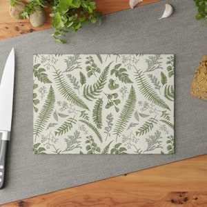 Fern Glass Cutting Board woodland kitchen decor green forest leaves Charcuterie Board botanical Tempered Glass Chopping Board