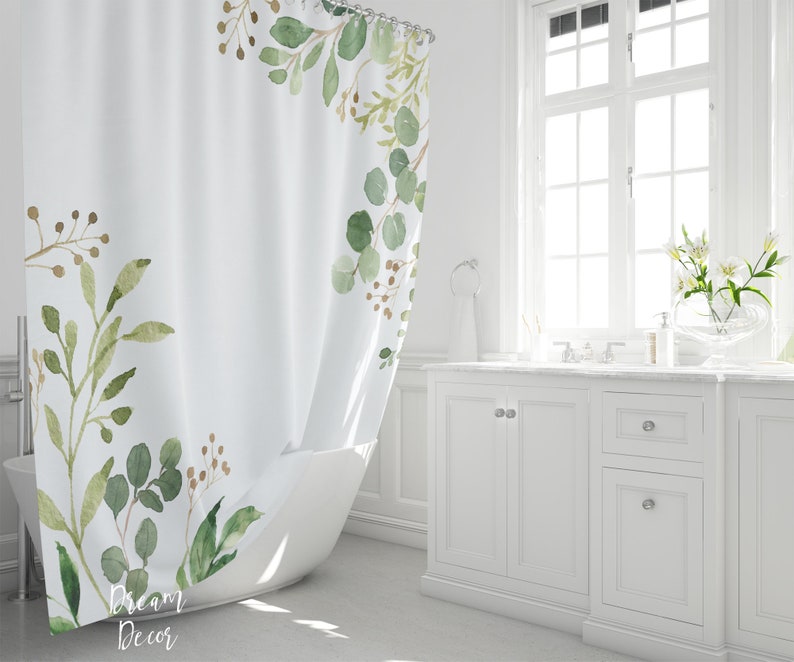 Greenery Shower Curtain Modern Bathroom Decor Green Leaves Etsy