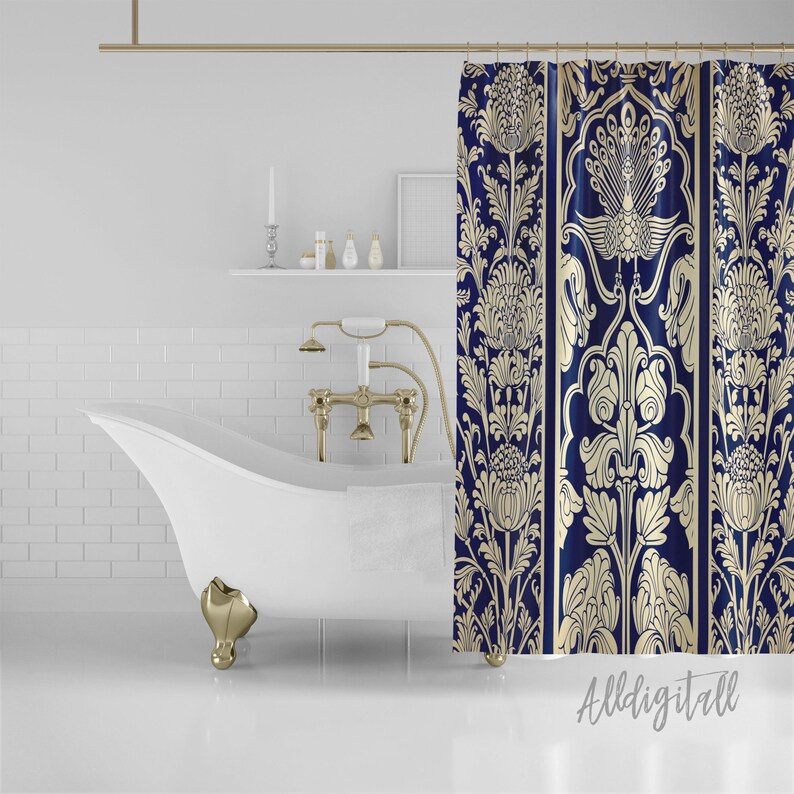 Elegant Shower Curtain Gold Navy Bathroom Decor Vintage Etsy