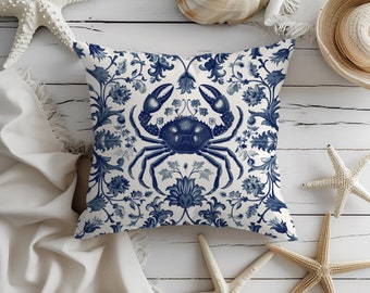 Vintage crab throw pillow cover white navy blue case seaside home decor beach house decor coastal accent cushion nautical decor ocean sea