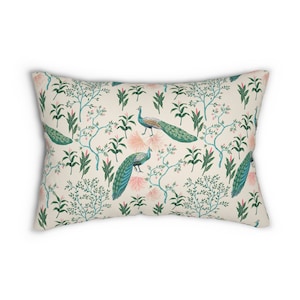 Chinoiserie Lumbar Throw Pillow vintage lumbar pillow pink green blue home decor peacock bird bedroom decor oriental accent pillow