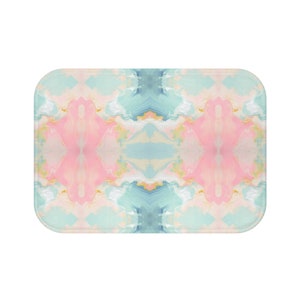 Abstract bath mat watercolor pink light blue bath mats pastel bathroom decor mirrored art rug modern college decor dorm kaleidoscope mirror
