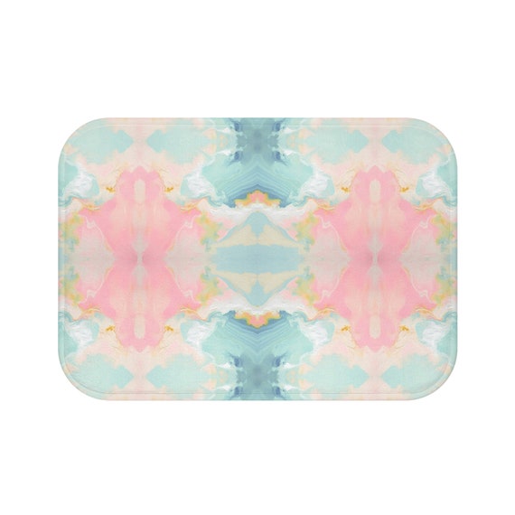 Abstract bath mat watercolor pink light blue bath mat pastel bathroom decor mirrored art rug modern college decor dorm kaleidoscope SKU 0012