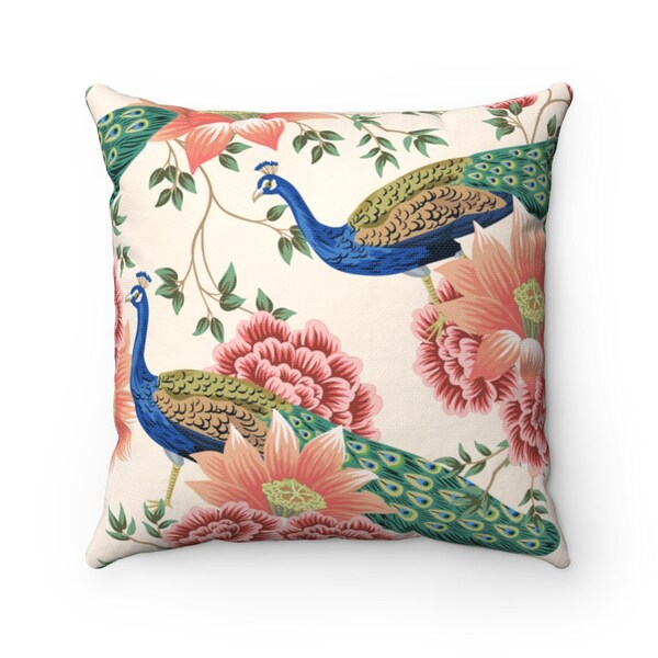 Peacock throw pillow cover vintage pillow cover modern home decor peach blue bedroom decor bird accent pillow 14x14 16x16 18x18 20x20