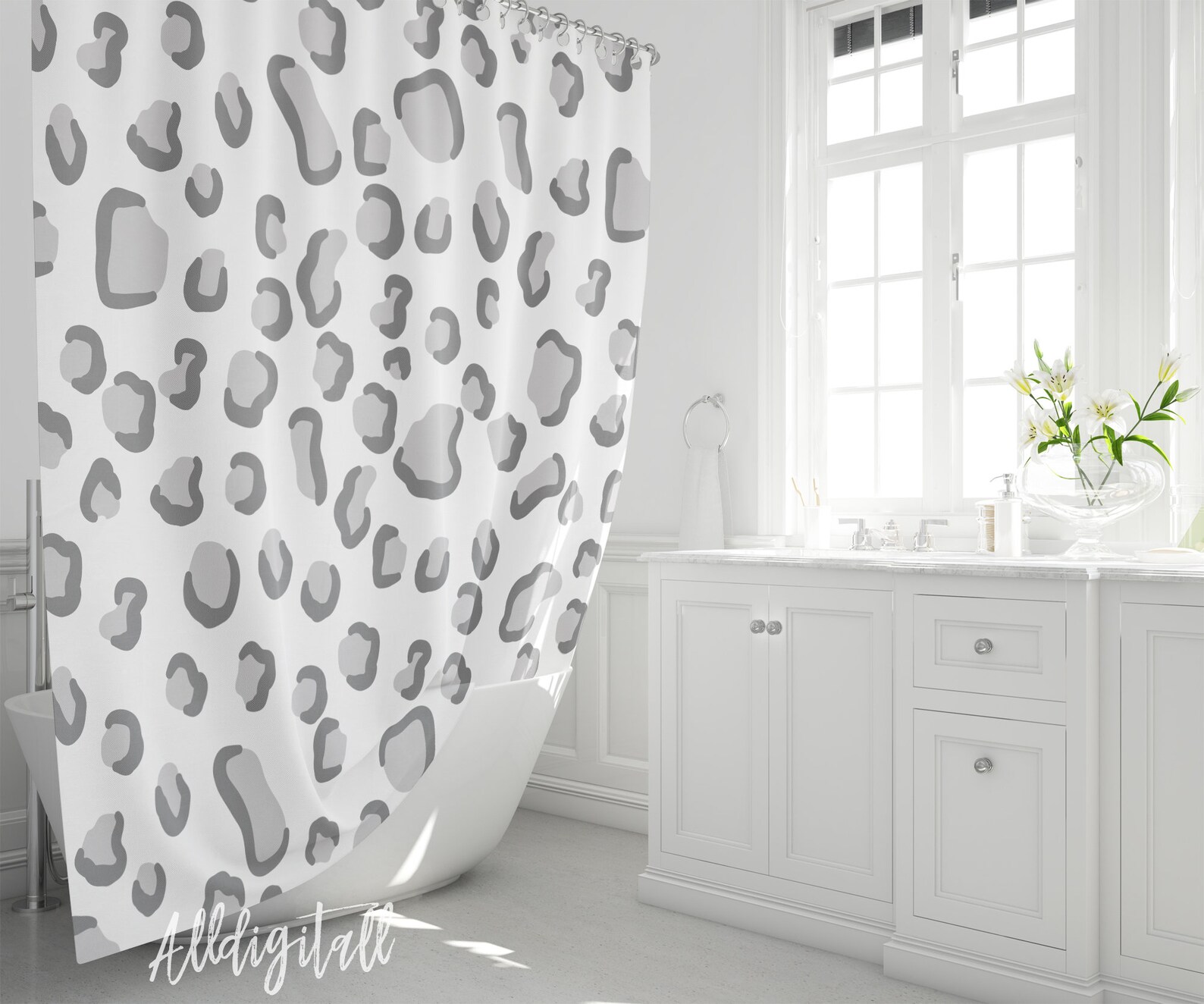 Animal Print Shower Curtain Grey Bathroom Decor Leopard Print Etsy