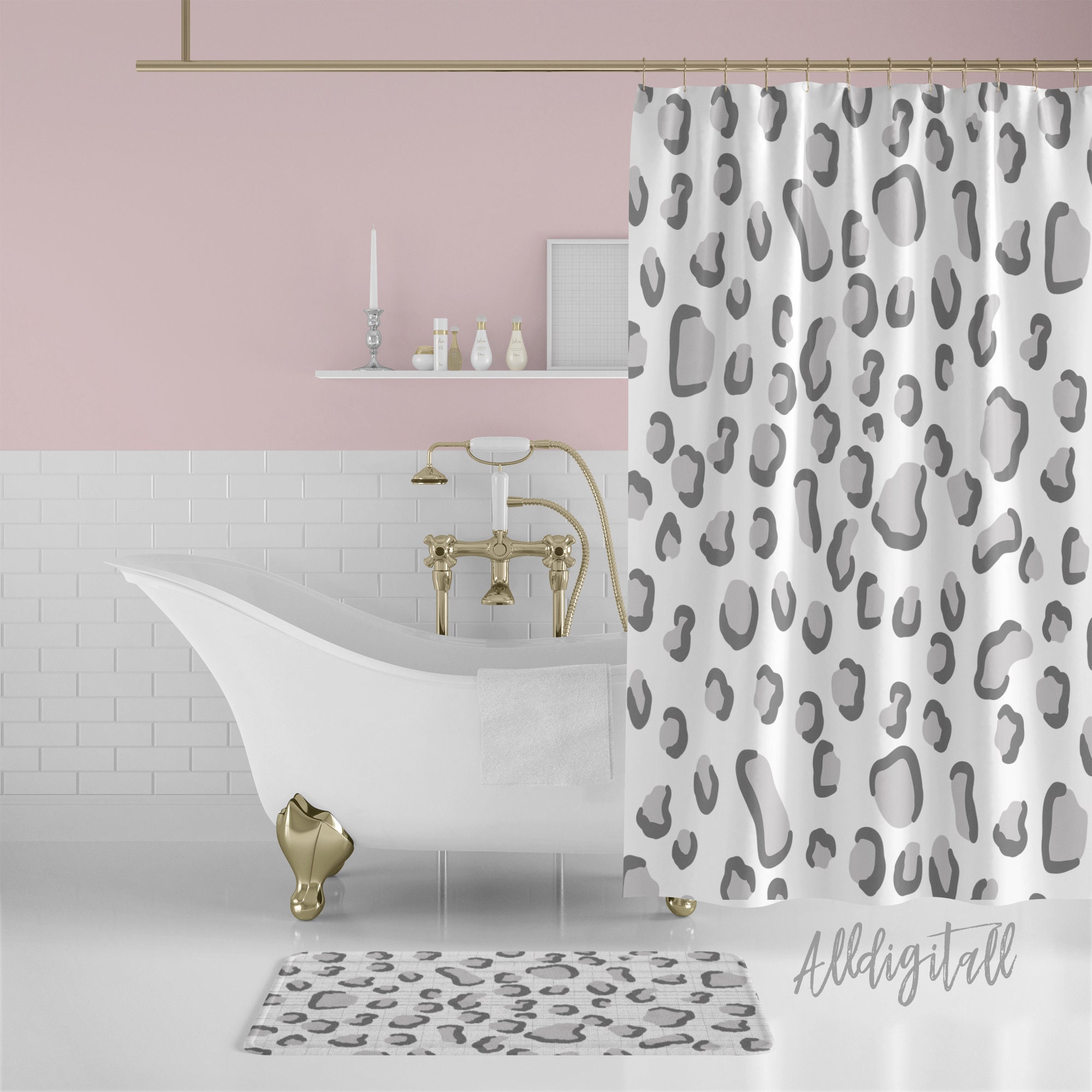 Animal Print Shower Curtain Grey Bathroom Decor Leopard Print Etsy