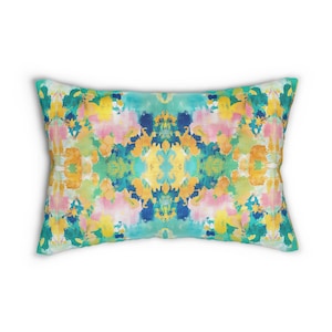 Mirrored art Lumbar Throw Pillow watercolor lumbar pillow blue green home decor kaleidoscope dorm bedroom abstract art modern college preppy