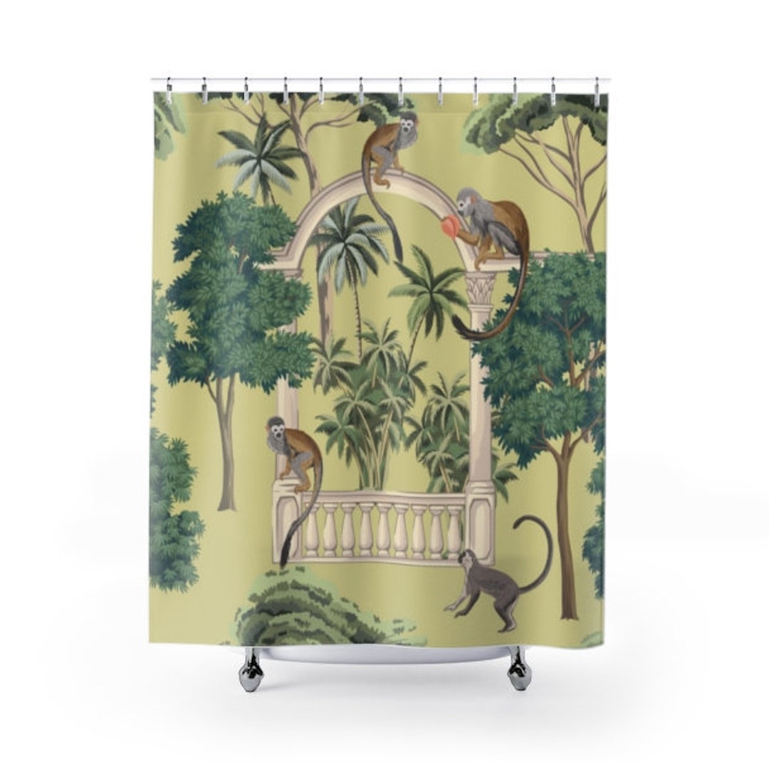 Chinoiserie Shower Curtain Vintage Bathroom Decor Monkeys Shower Curtains Yellow Green Bathroom