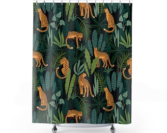 Tiger Shower Curtain Jungle Bathroom Decor Tropical Bathroom Mat Green Shower Curtain tigers Bath Mat exotic jungle green bath decor