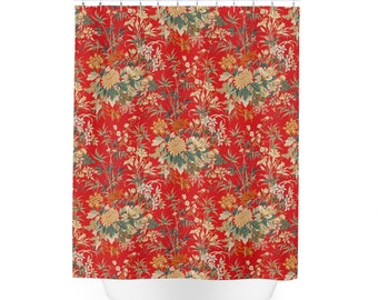 May include: Red shower curtain with a floral pattern featuring white, green, and yellow flowers on a red background.