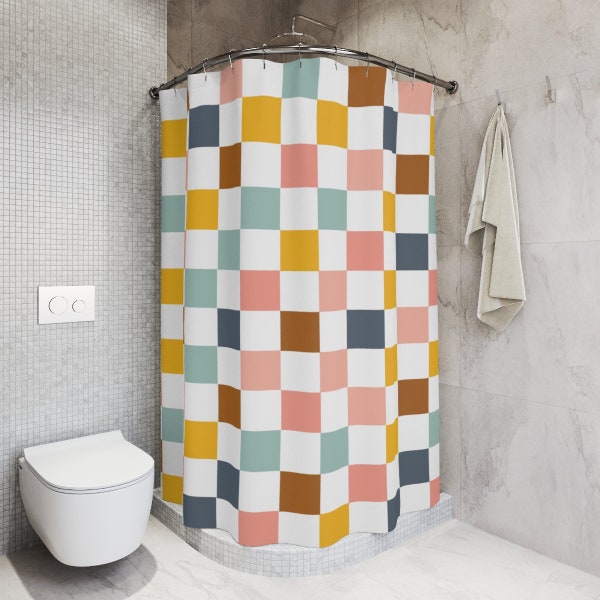 Retro Shower Curtain vintage Bathroom Decor checkered Shower Curtain brown yellow pink shower 60s 70s bath decor mid century shower curtain