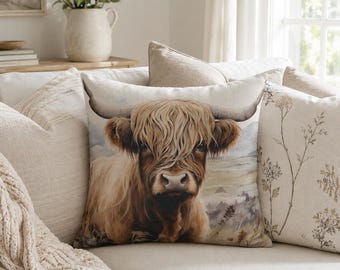 Cow throw pillow cover highland cow case farm home decor watercolor neutral bedroom cowhide accent animal cottagecore