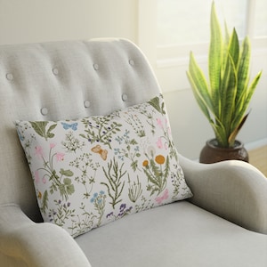 Botanical Lumbar Throw Pillow wild flowers lumbar pillow famhouse home decor cottagecore bedroom decor vintage botany accent pillow herbs