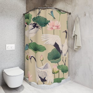 Crane Shower Curtain japanese bathroom decor neutral shower curtains floral shower curtain pink lotus flowers bathroom decor oriental asian