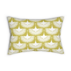 Japanese cranes Lumbar throw pillow, mustard yellow vintage home decor, chinoiserie oriental bedroom boho asian birds, rectangular