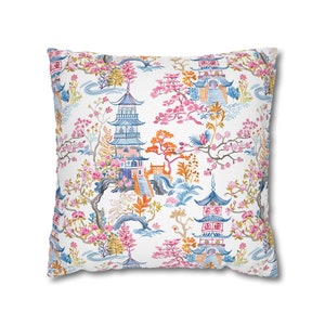 Chinoiserie throw pillow case pink blue orange pillow cover pagoda pillow cushion chinese accent dorm college vintage asian preppy