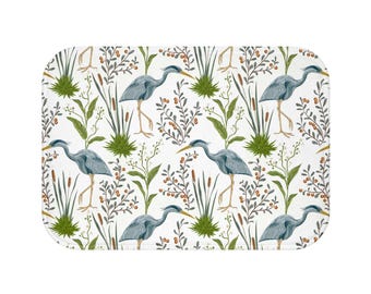 Blue heron bath mat victorian blue green shower rug vintage birds farmhouse bathroom decor grandmillennial feminine botanical greenery