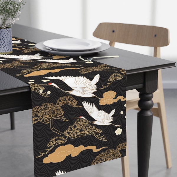 Japanese Table Runner dark grey white yellow table decor oriental kitchen decor asian birds decor flying cranes housewaming gift japan